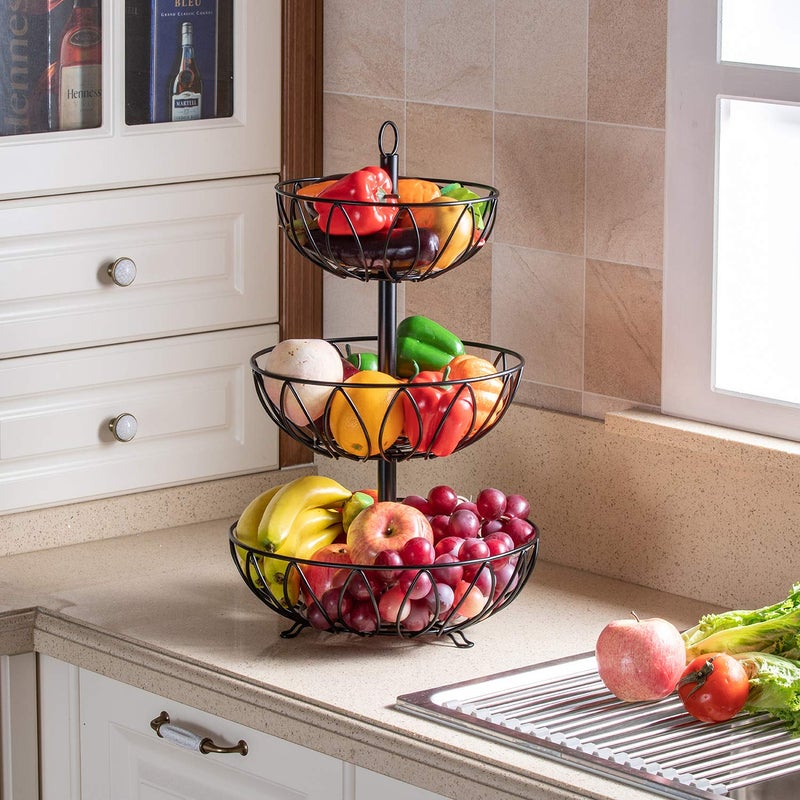 Rice rat 3-Tier Fruit Bowl Metal Wire Fruit Basket Bread Vegetable Organizer Storage Organizer Black Cast Iron - Image 3